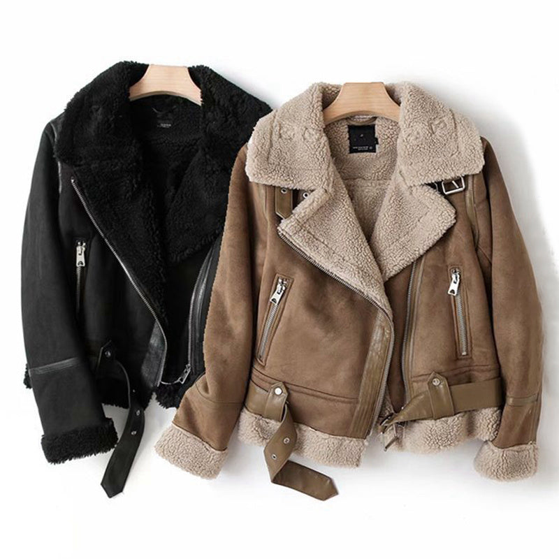 Winter Lapel Jacket Suede Lamb Wool Warm Coat Motorcycle Clothing Women Outwears