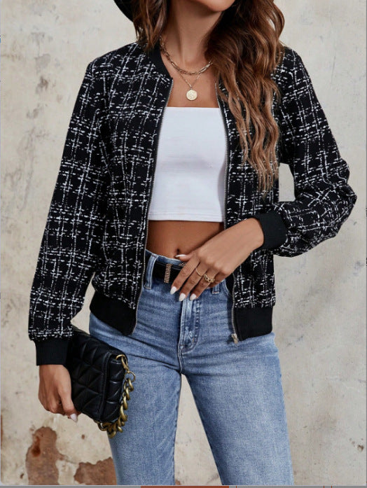 Fashion Plaid Zipper Short Jacket Autumn And Winter Casual Long Sleeve Baseball Clothing Women's Outwear Tops