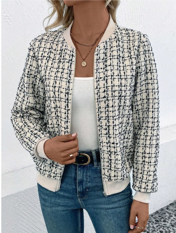 Fashion Plaid Zipper Short Jacket Autumn And Winter Casual Long Sleeve Baseball Clothing Women's Outwear Tops