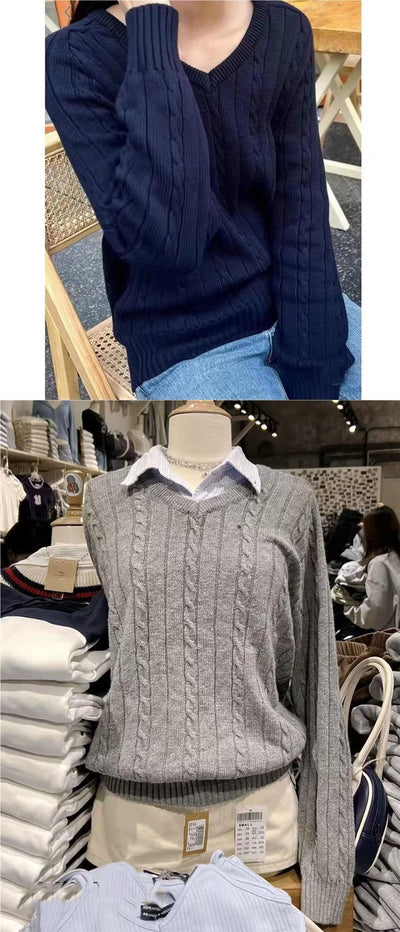 Women's Clothing Autumn Winter Retro V-neck Cable-knit Sweater