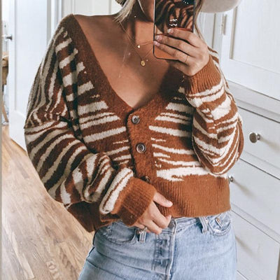 Brown stripe autumn winter women cardigan Office lady off shoulder