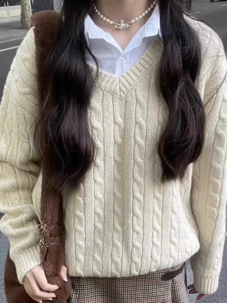 Women's Clothing Autumn Winter Retro V-neck Cable-knit Sweater