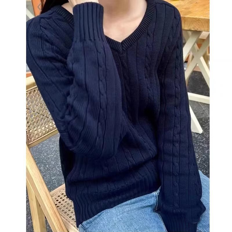 Women's Clothing Autumn Winter Retro V-neck Cable-knit Sweater