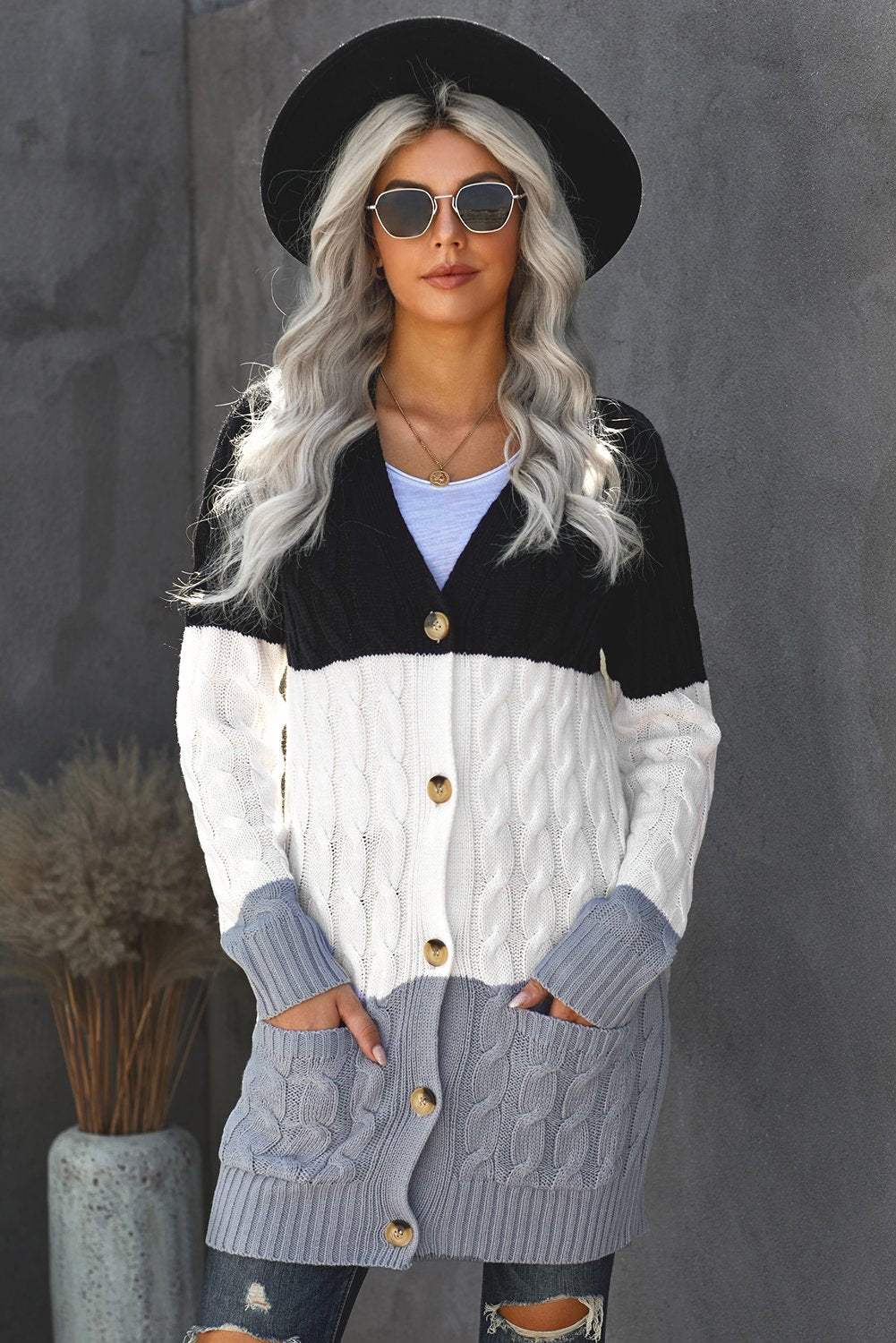 Black Gray Colorblock Button Pocket Knit Cardigan