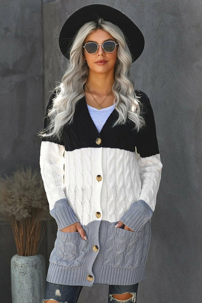 Black Gray Colorblock Button Pocket Knit Cardigan