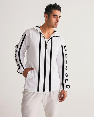 Mens Hooded Windbreaker - Blessed Sleeve Stripe White Water Resistant