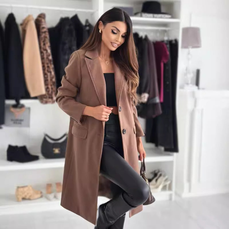 Lapel Single-breasted Wool Coat Winter Long Sleeve Solid Color Long Jacket Women Clothing