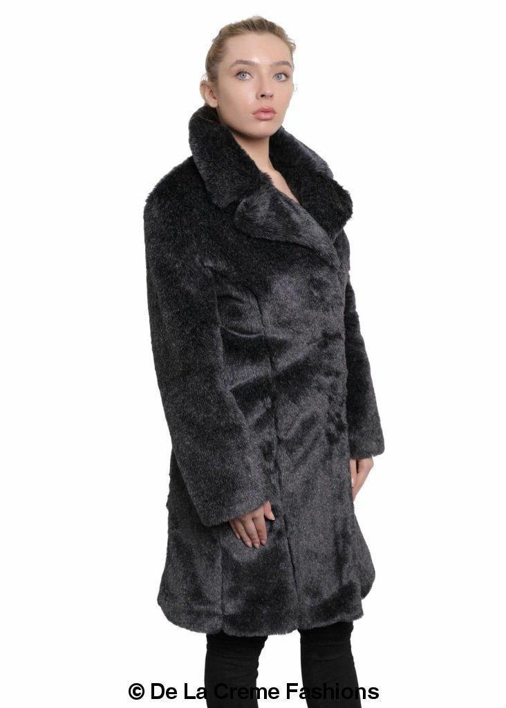 De La Creme - Womens Faux Fur Large Lapel Mid Length Coat