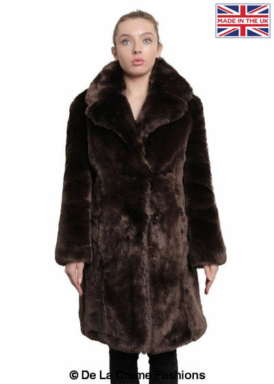 De La Creme - Womens Faux Fur Large Lapel Mid Length Coat