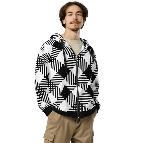 Mens Graphic Zip Hoodie, Black and White Plaid Print