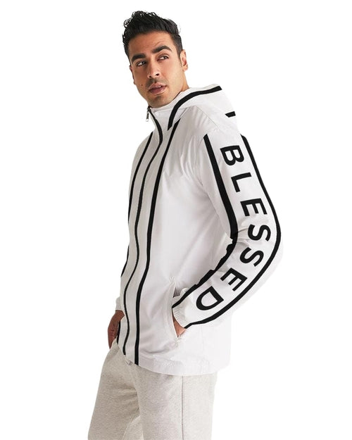 Mens Hooded Windbreaker - Blessed Sleeve Stripe White Water Resistant